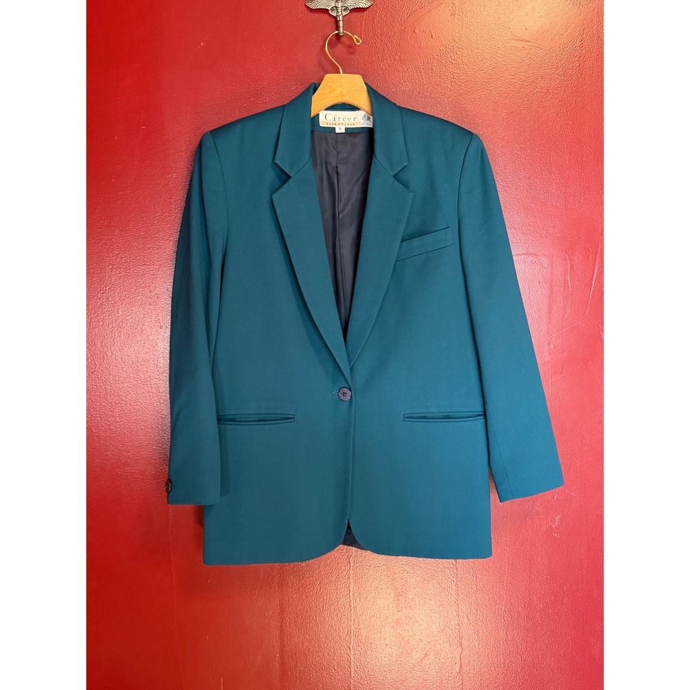 Career Essentials Vintage 100% Pure Wool Blazer Jacket Women Size 8 Teal Green